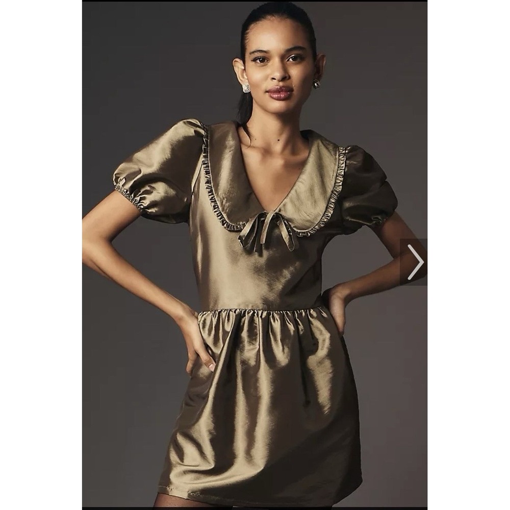 Porridge Anthropologie Taffeta Mini Dress Olive Bronze Puff Sleeve Peter Pan M - Picture 3 of 10